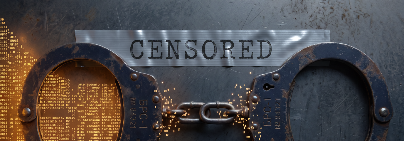 Steel handcuffs with the word CENSORED stamped across them, amber digital data fragments escaping through the chain link