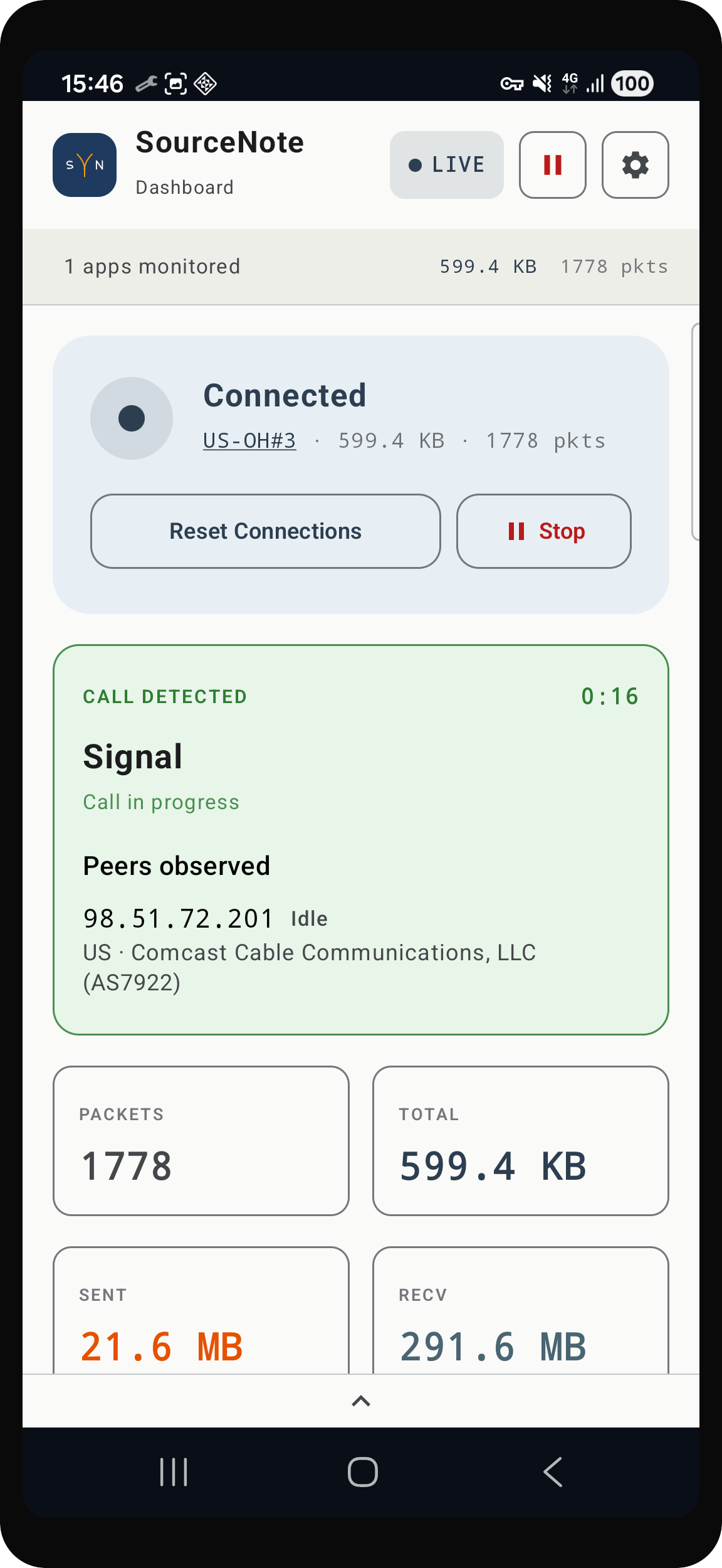 SourceNote live call view showing the active app card with the peer endpoint and relay infrastructure resolving in real time