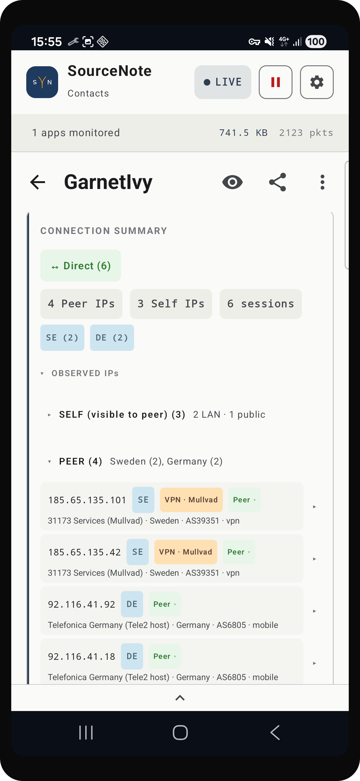 SourceNote cross-session view showing the same contact across multiple recurring calls with shifting peer ISP and country