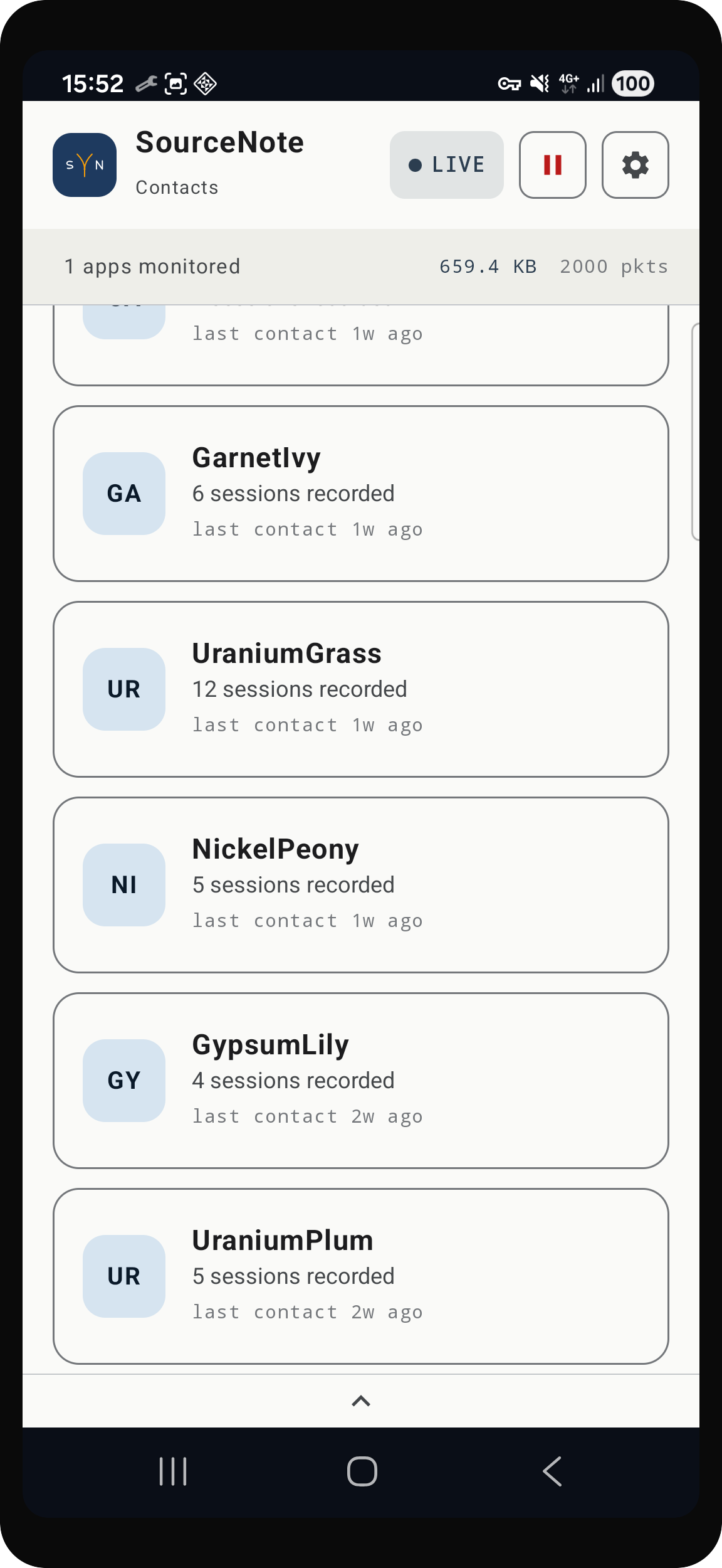 SourceNote contact list showing multiple tracked sources with per-contact assessments visible
